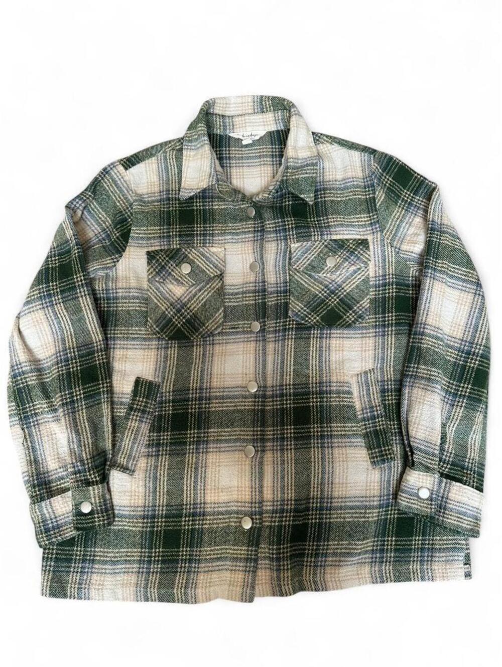 Linda Anderson Women’s S Green Plaid Flannel Shacket Snap Front Shirt Jacket